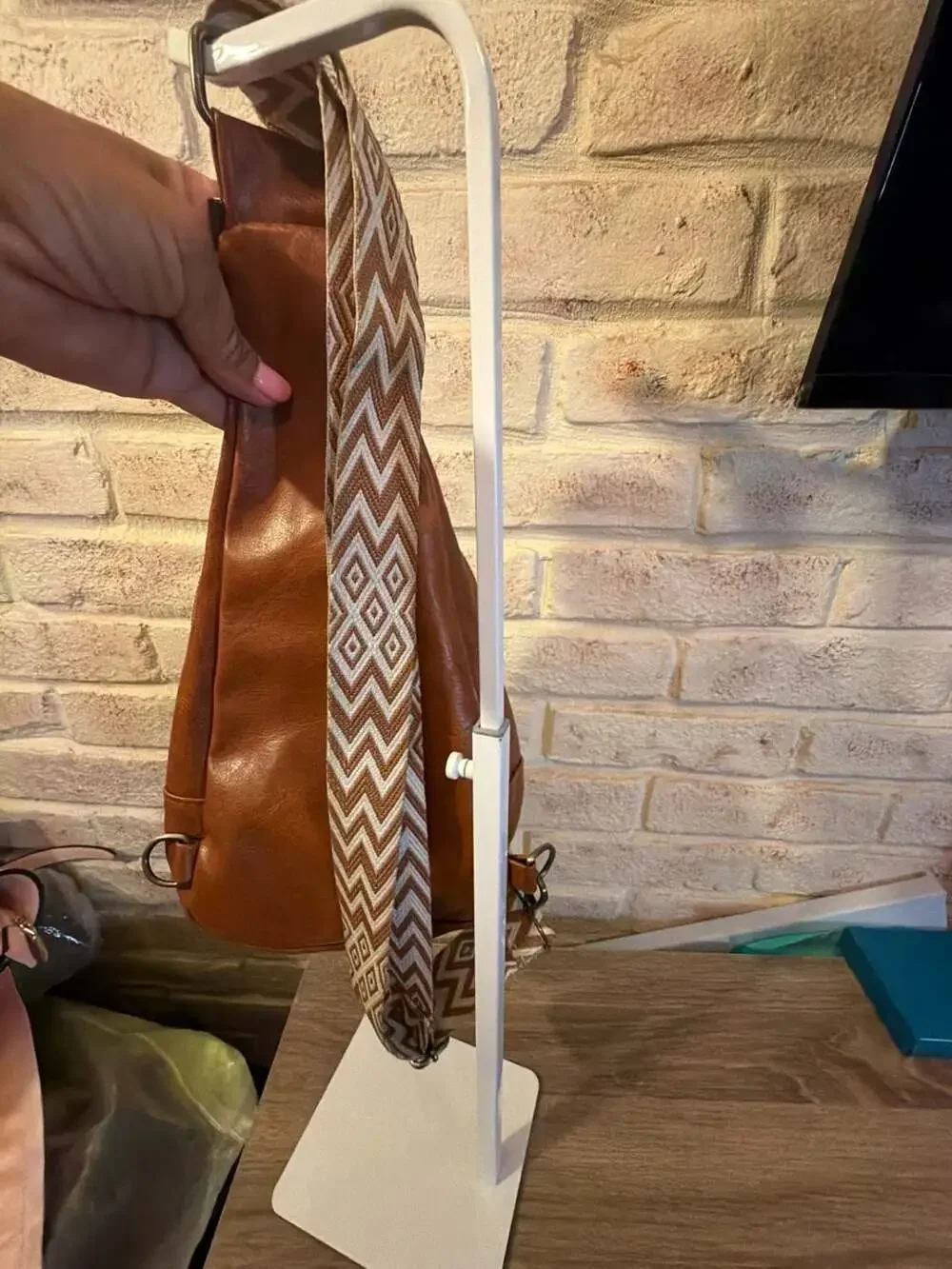 Unbranded front  Zipper Faux Leather Sling Backpack with Patterned Strap